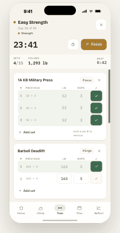 The live runner: 23 minutes in, one lift done, the next mid-set