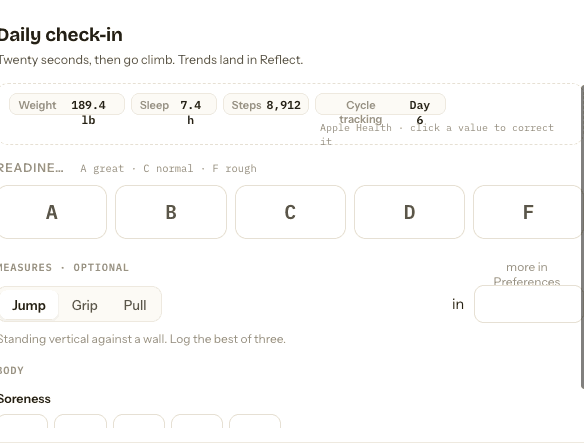 Daily check-in: weight, sleep and steps filled from Apple Health, readiness grades A to F